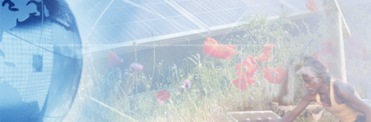 Montage with globe, flowers and African female shining a solar panel